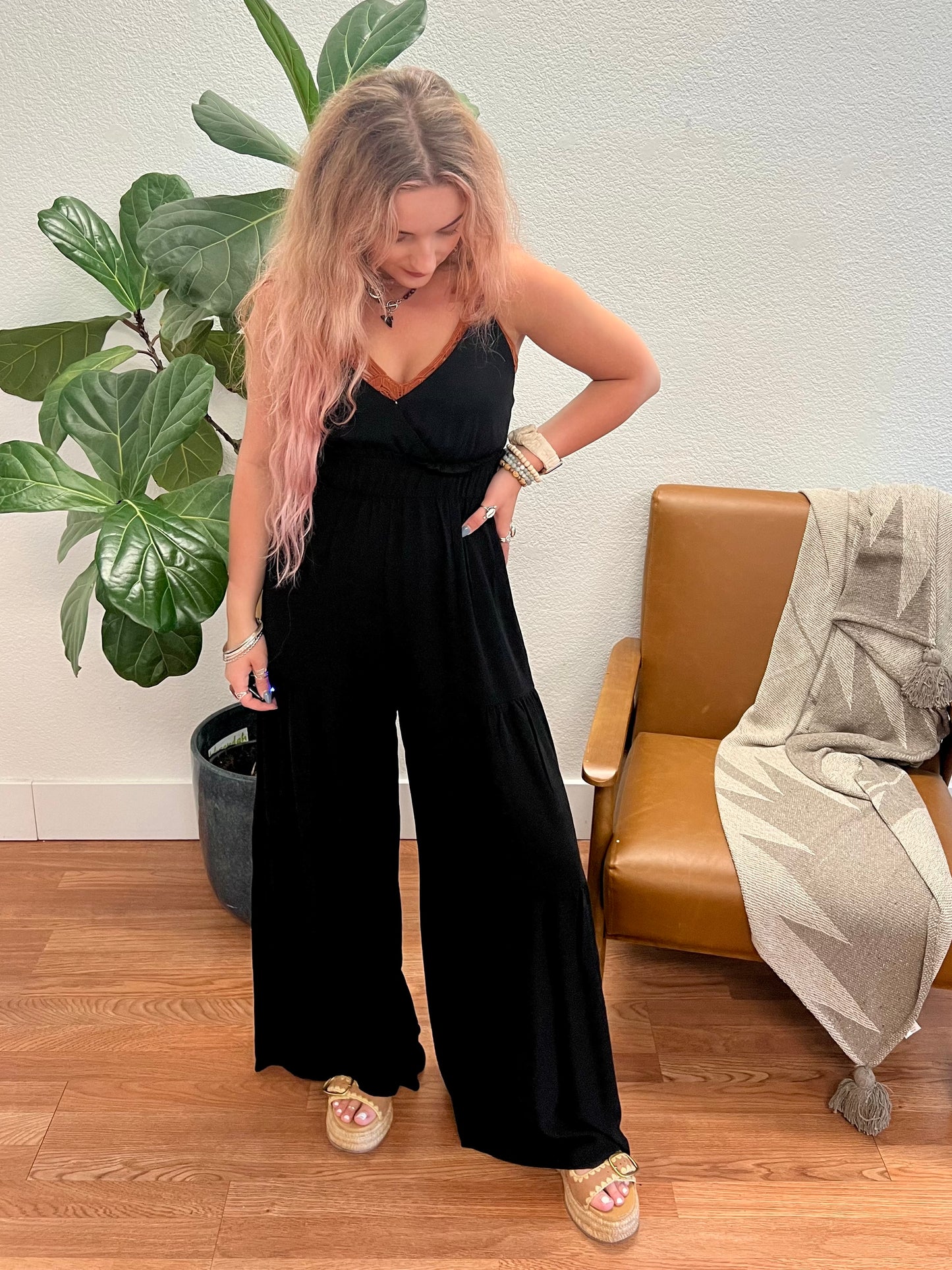 Black Solid Woven Wide Leg Jumpsuit