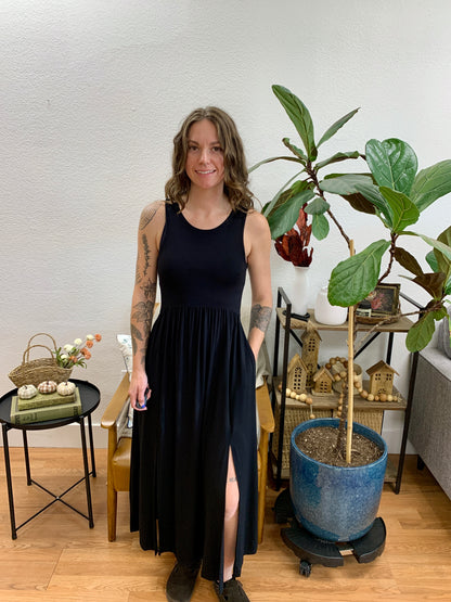 Black Front Slit Midi Dress