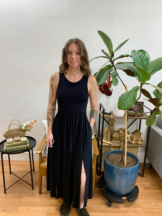 Black Front Slit Midi Dress
