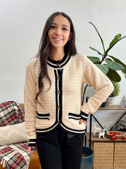 Ivory/ Black Contrast Trim Classic Cardigan
