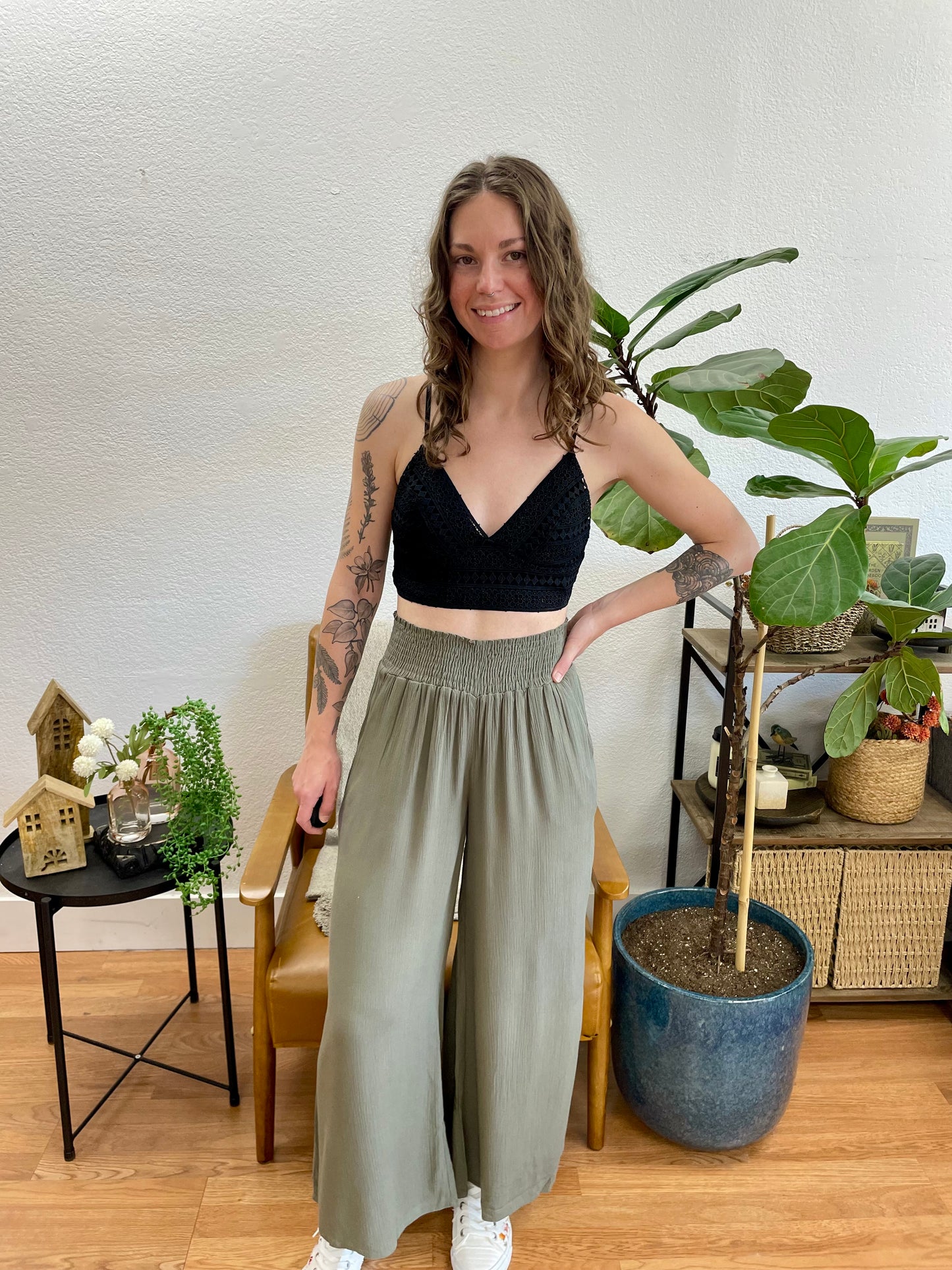 Olive Wide Leg Smocked Cropped Pants