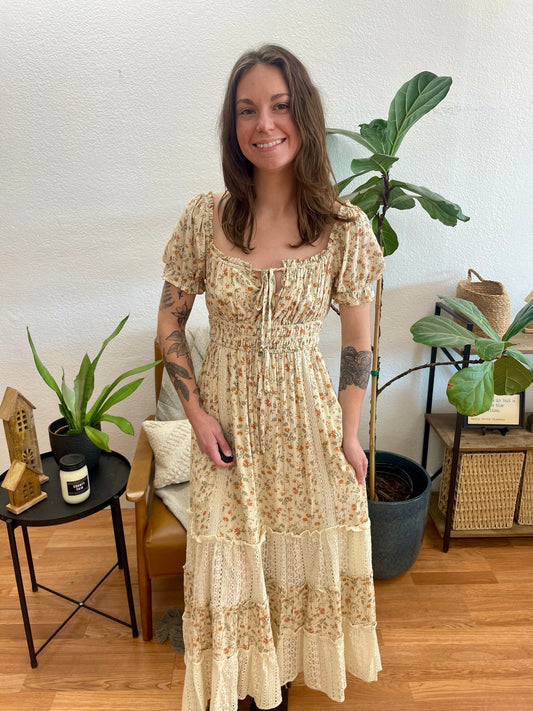 Cream Floral Midi Dress