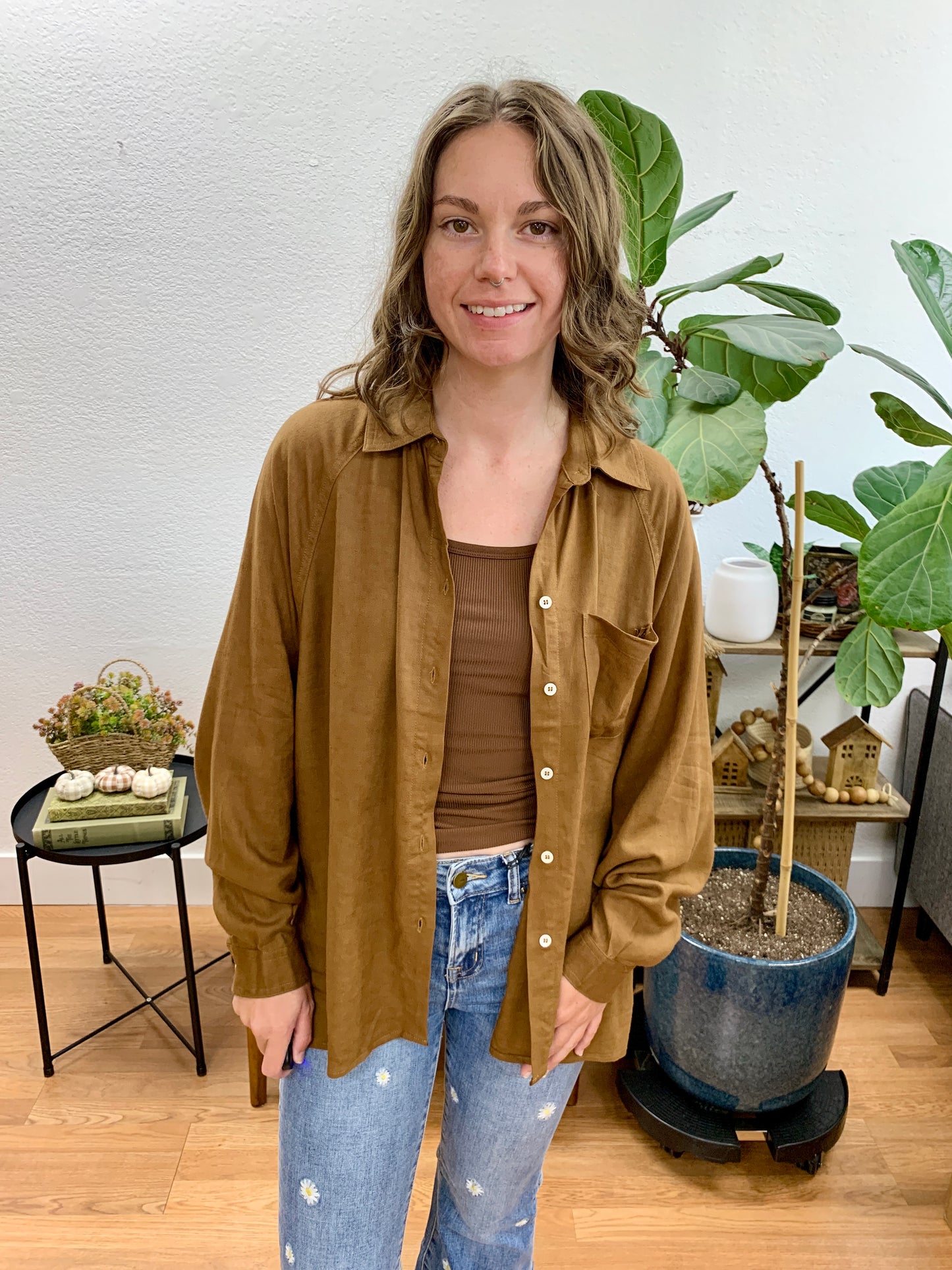 Brown Linen Blend Raglan Button Up