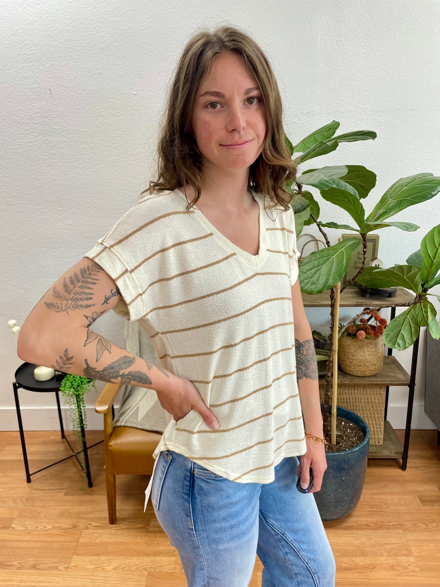 Cream Striped V Neck Knit Tee