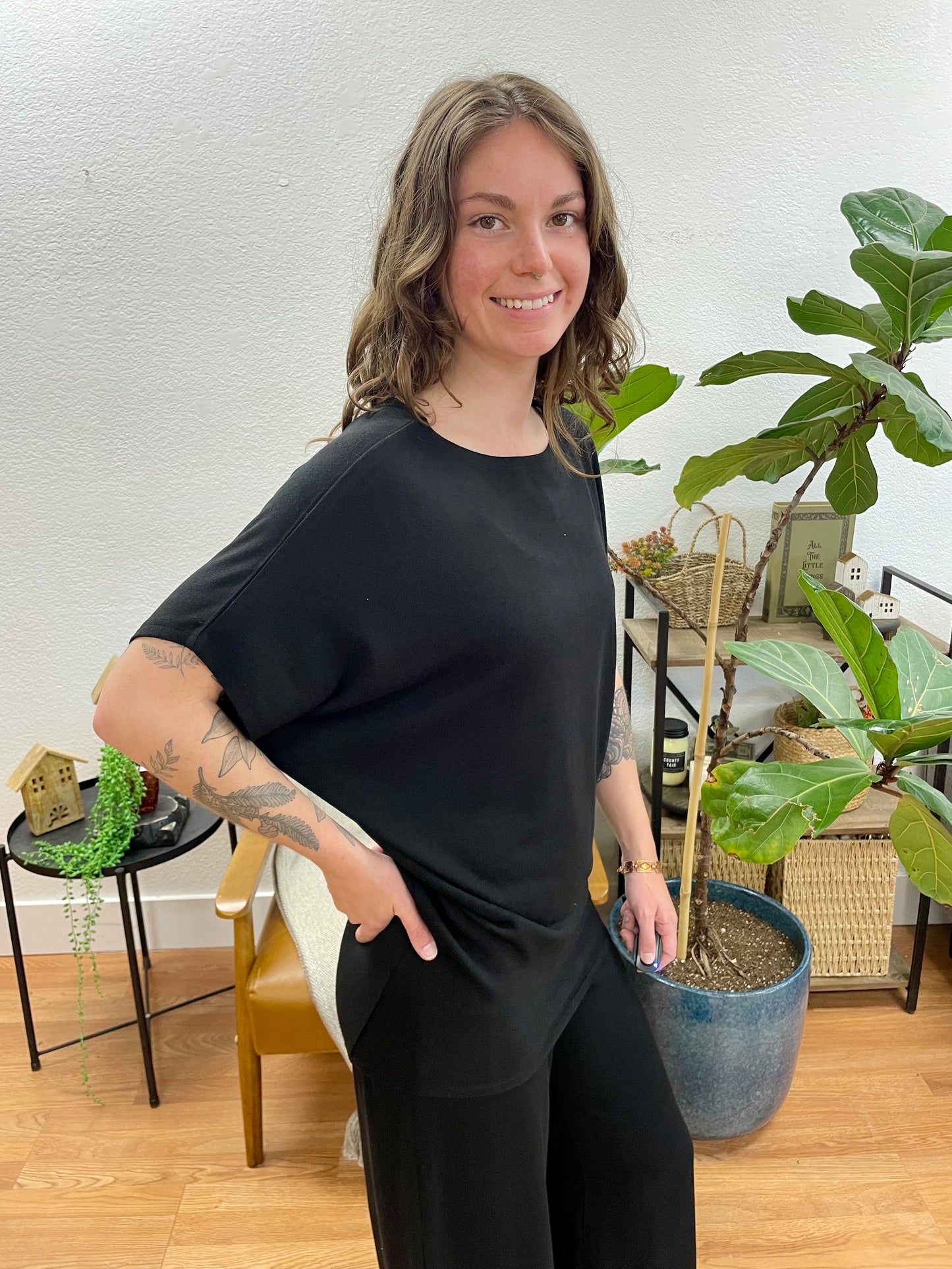 Black Dolman Sleeve Boat Neck Top