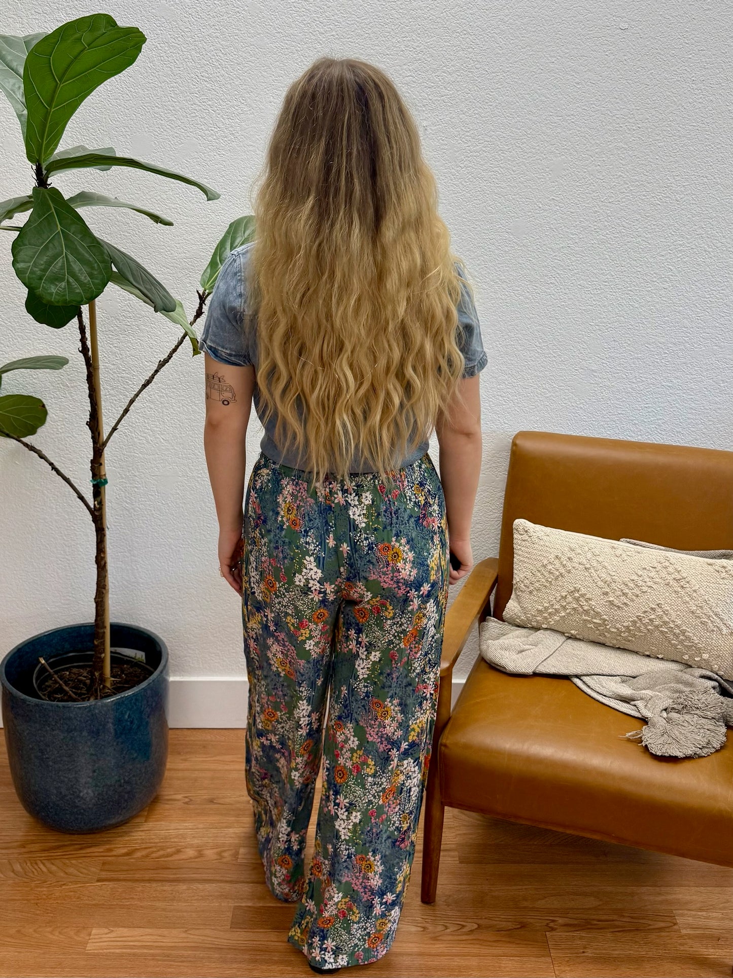 Green Print Wide Leg Pants
