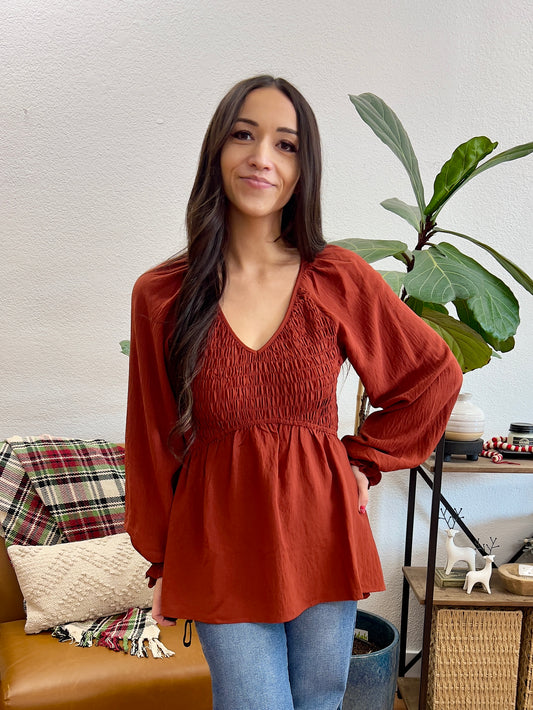 Brick Solid Woven Blouse