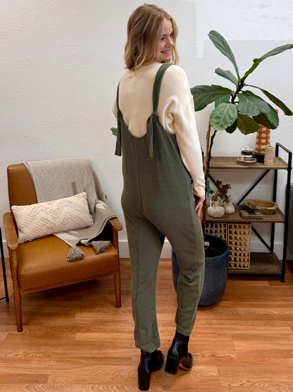 Olive Sleeveless Ribbed Jumpsuit