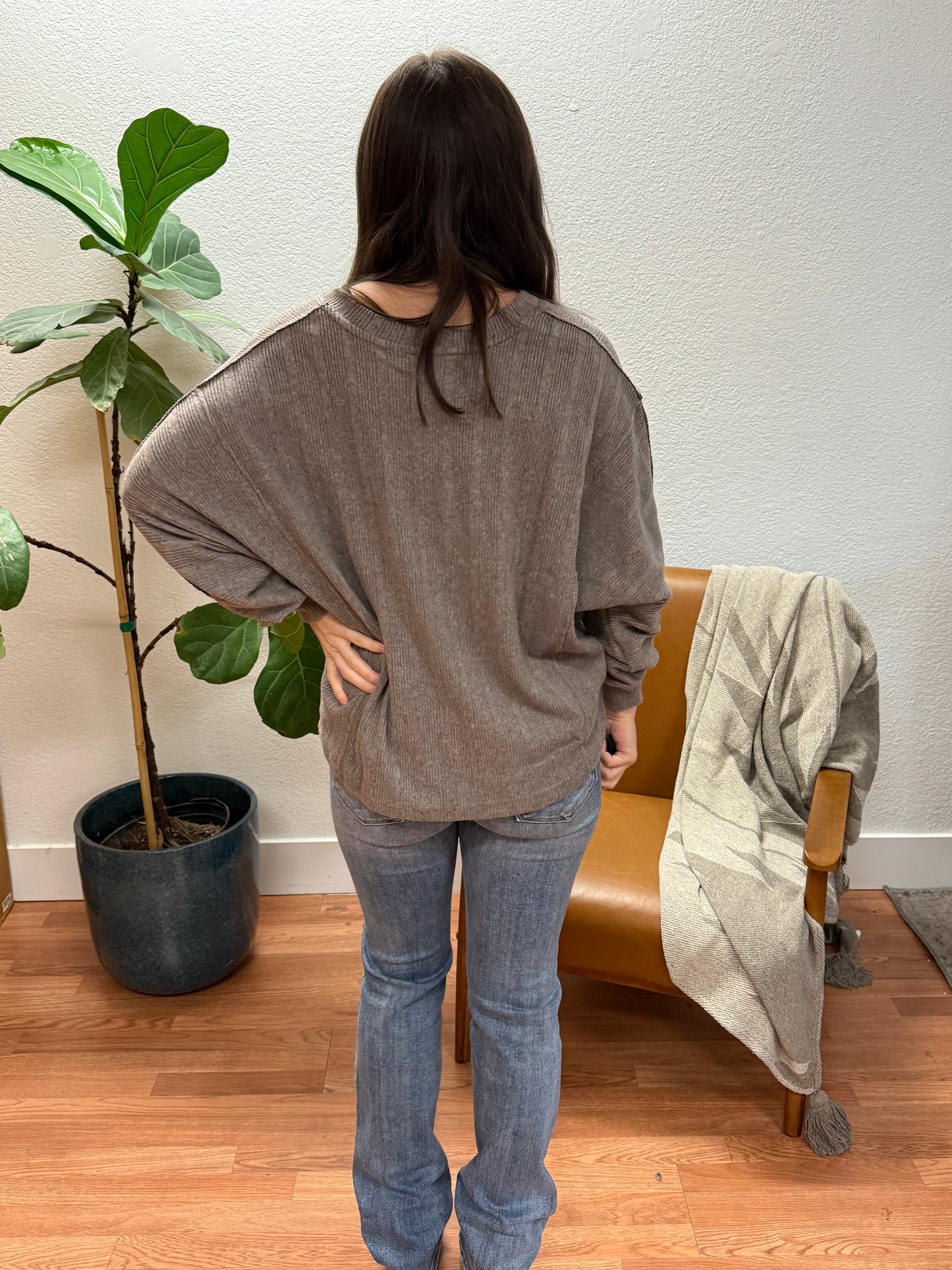 Taupe Long Sleeve V-Neck Knit Top