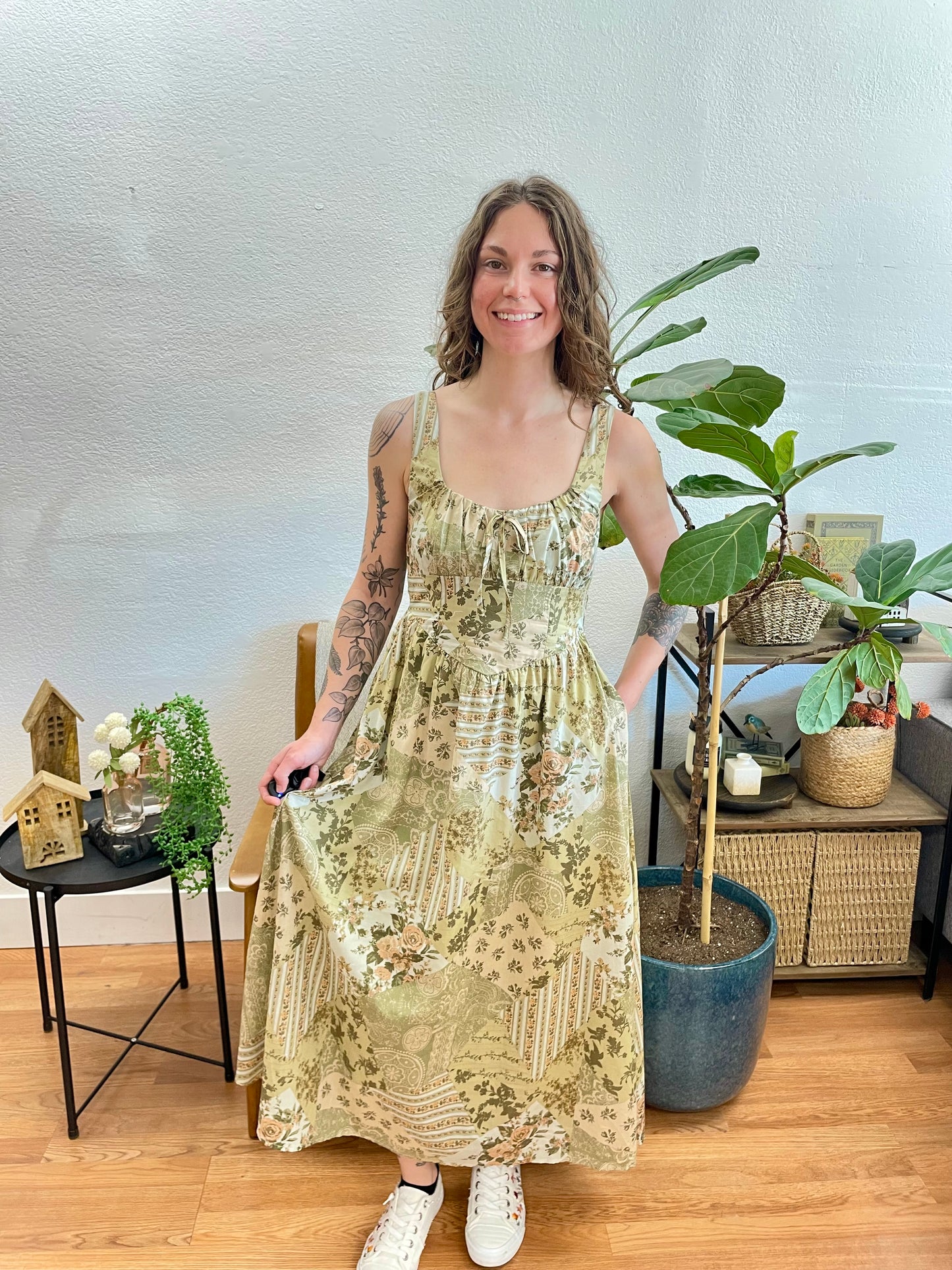 Olive Floral Corset Midi Dress