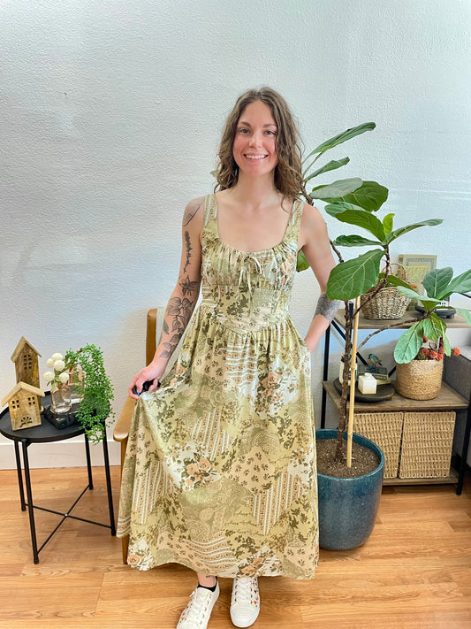 Olive Floral Corset Midi Dress