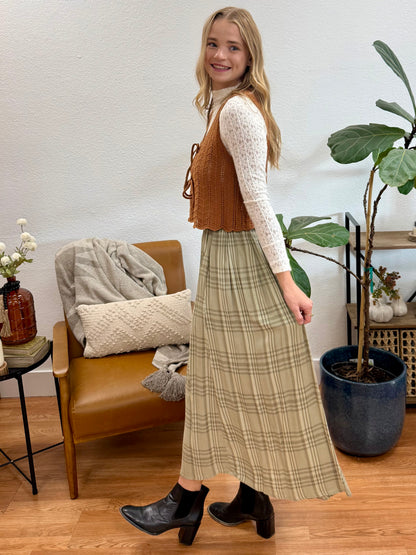 Spruce Plaid Pleats Midi Skirt