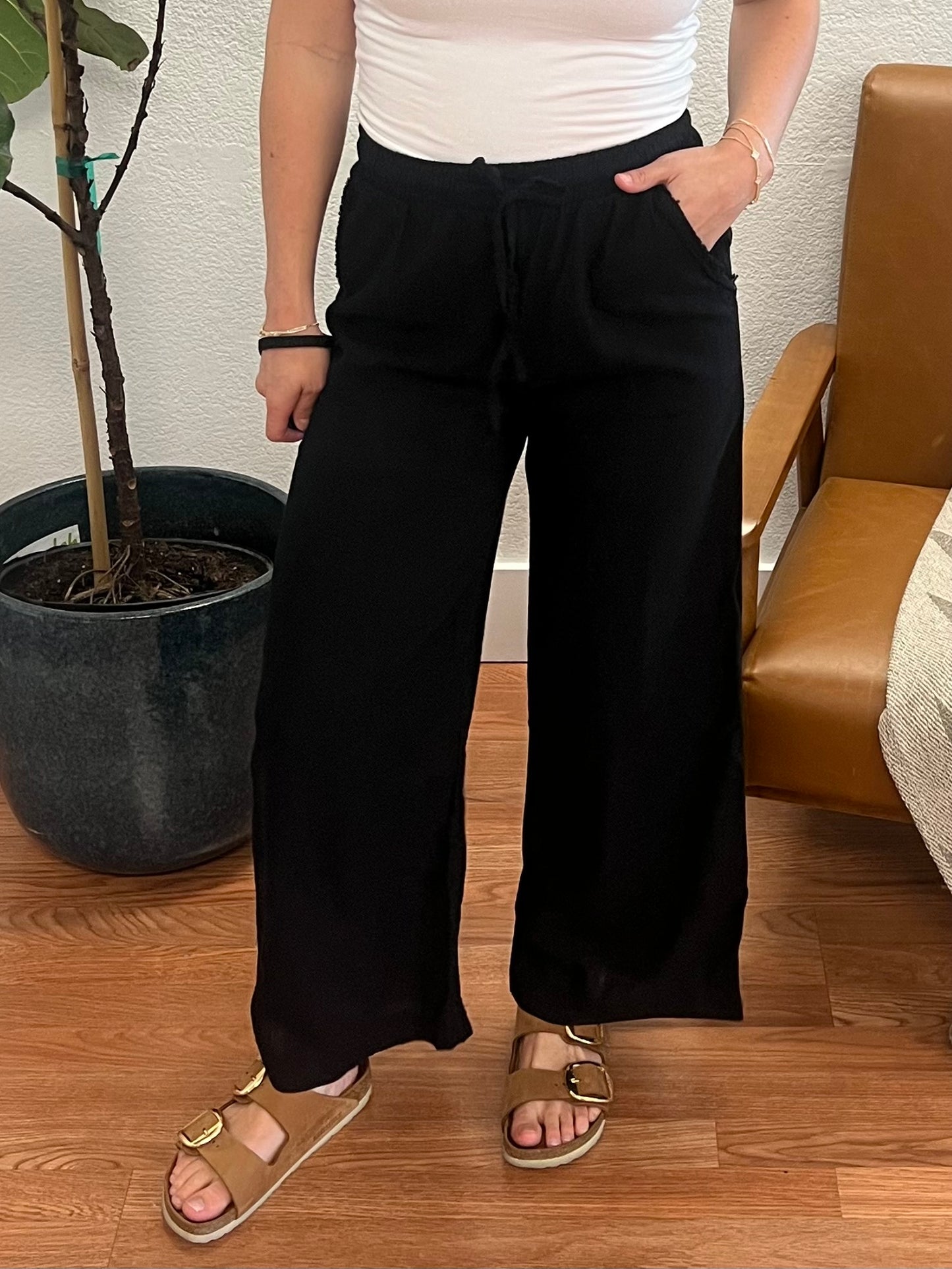 Black Wide Leg Linen Blend Pants