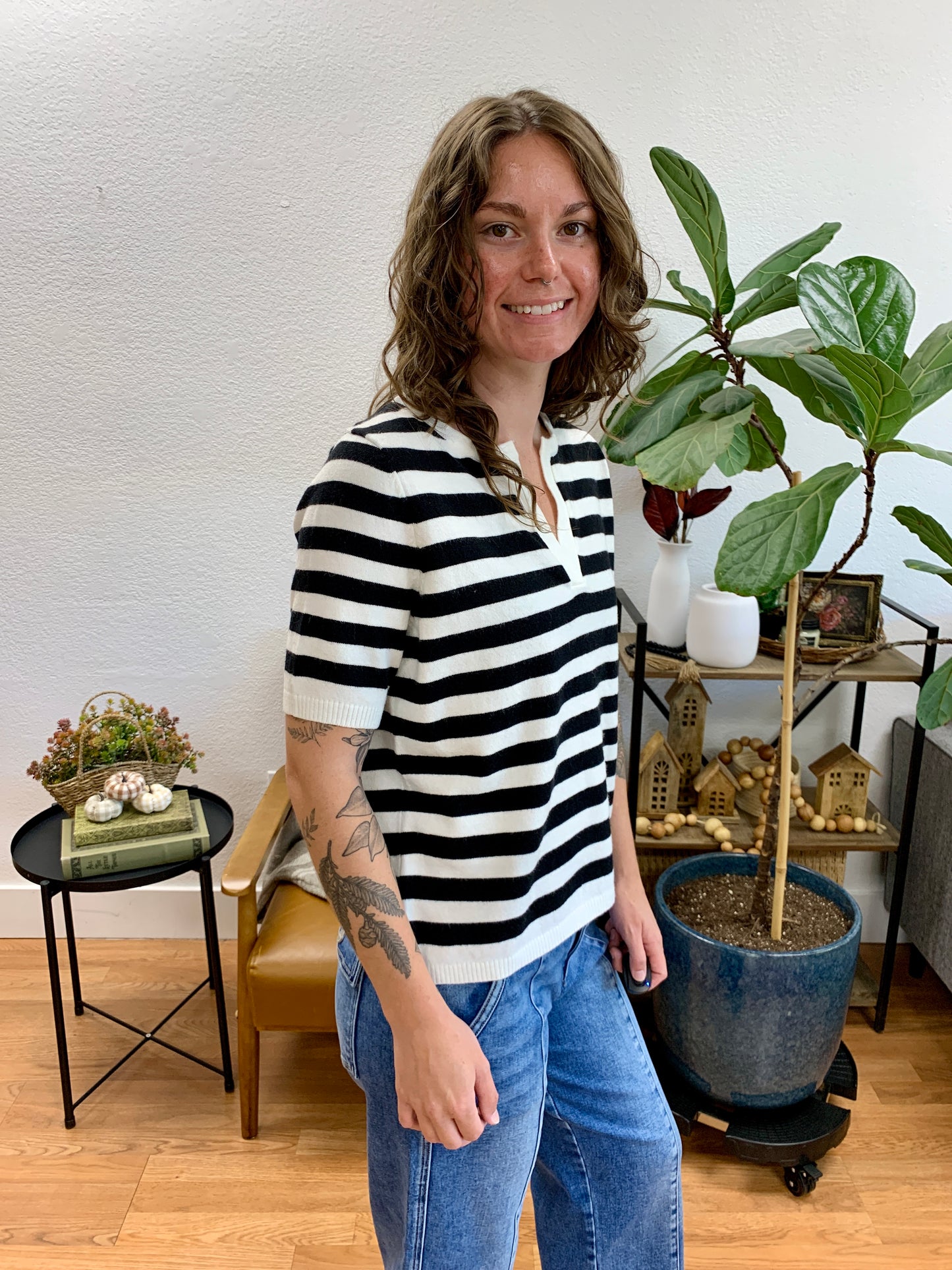 Black Stripe Split Neck Knit Top