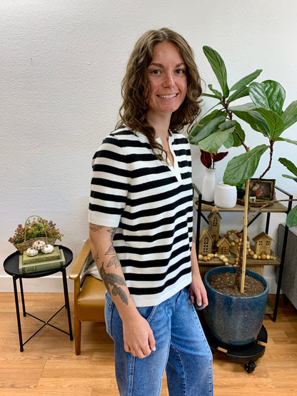 Black Stripe Split Neck Knit Top