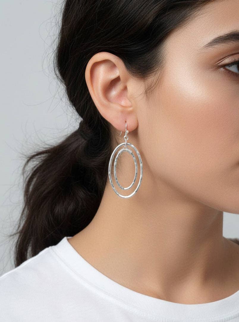 Silver Hammered Oval Artistic Dangle Earrings