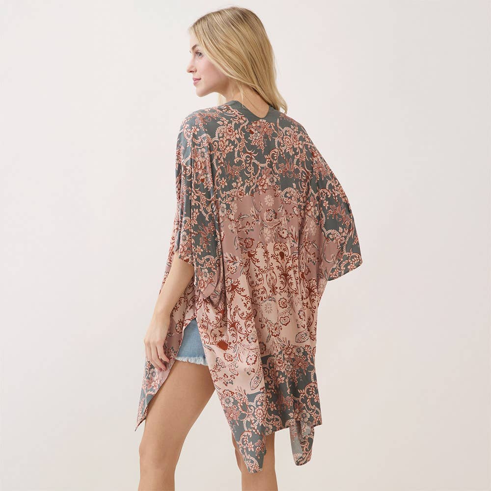 Olive Green Floral Pattern Kimono
