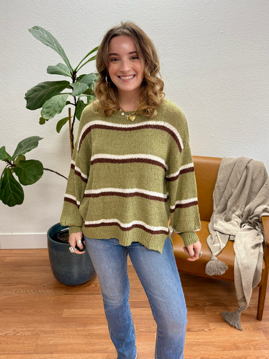 Moss Striped Lightweight Knit Sweater