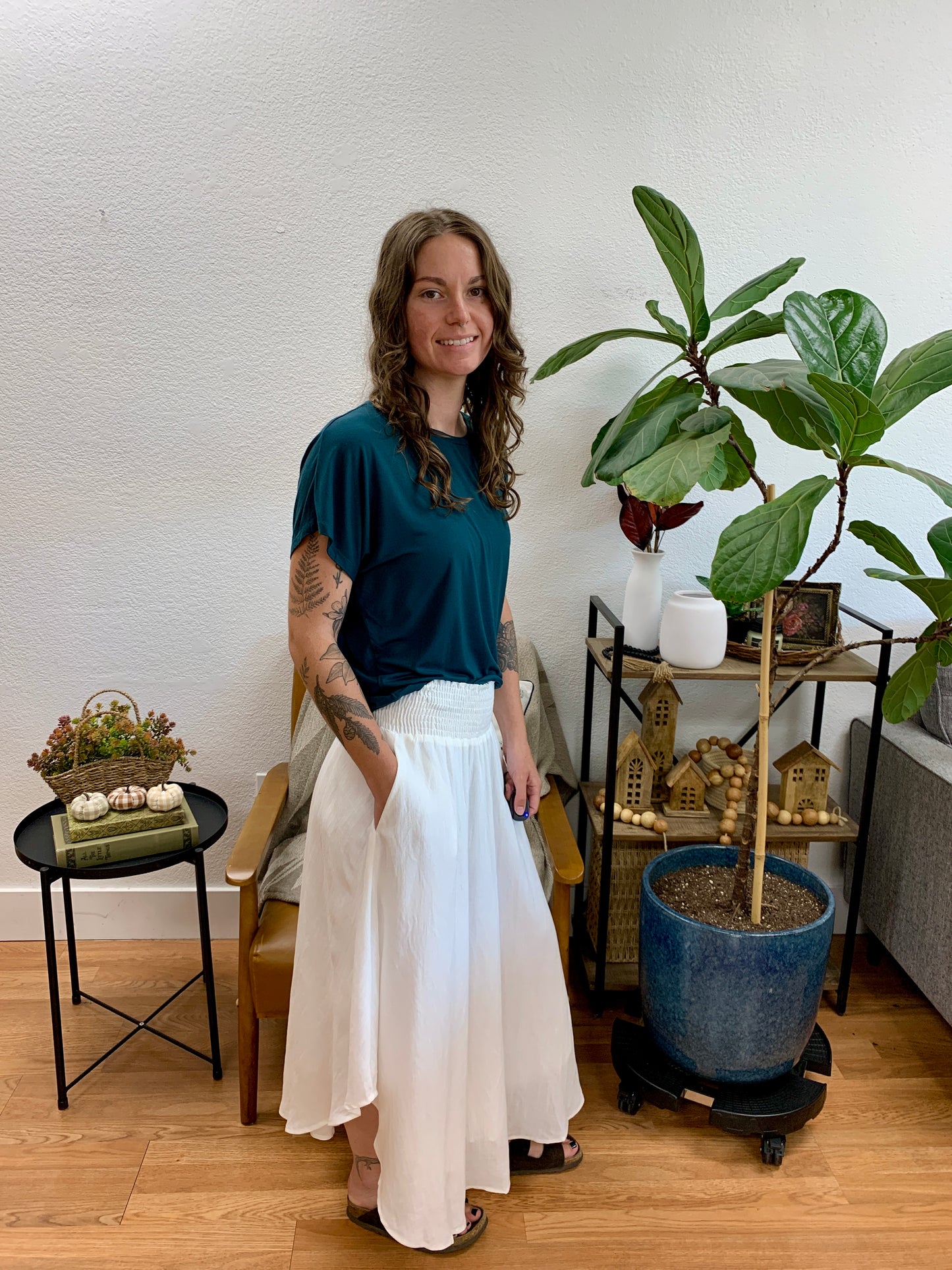 White Smocked Midi Skirt