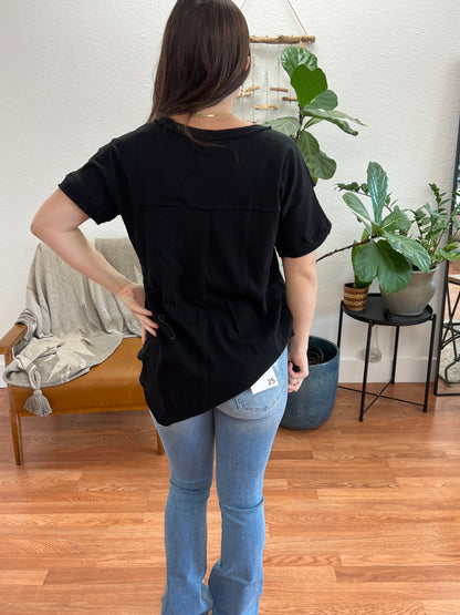 Black Henley Raw Seam Top