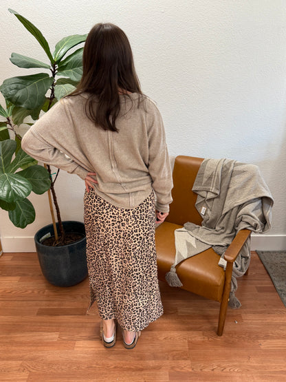 Beige Leopard Side Slit Skirt