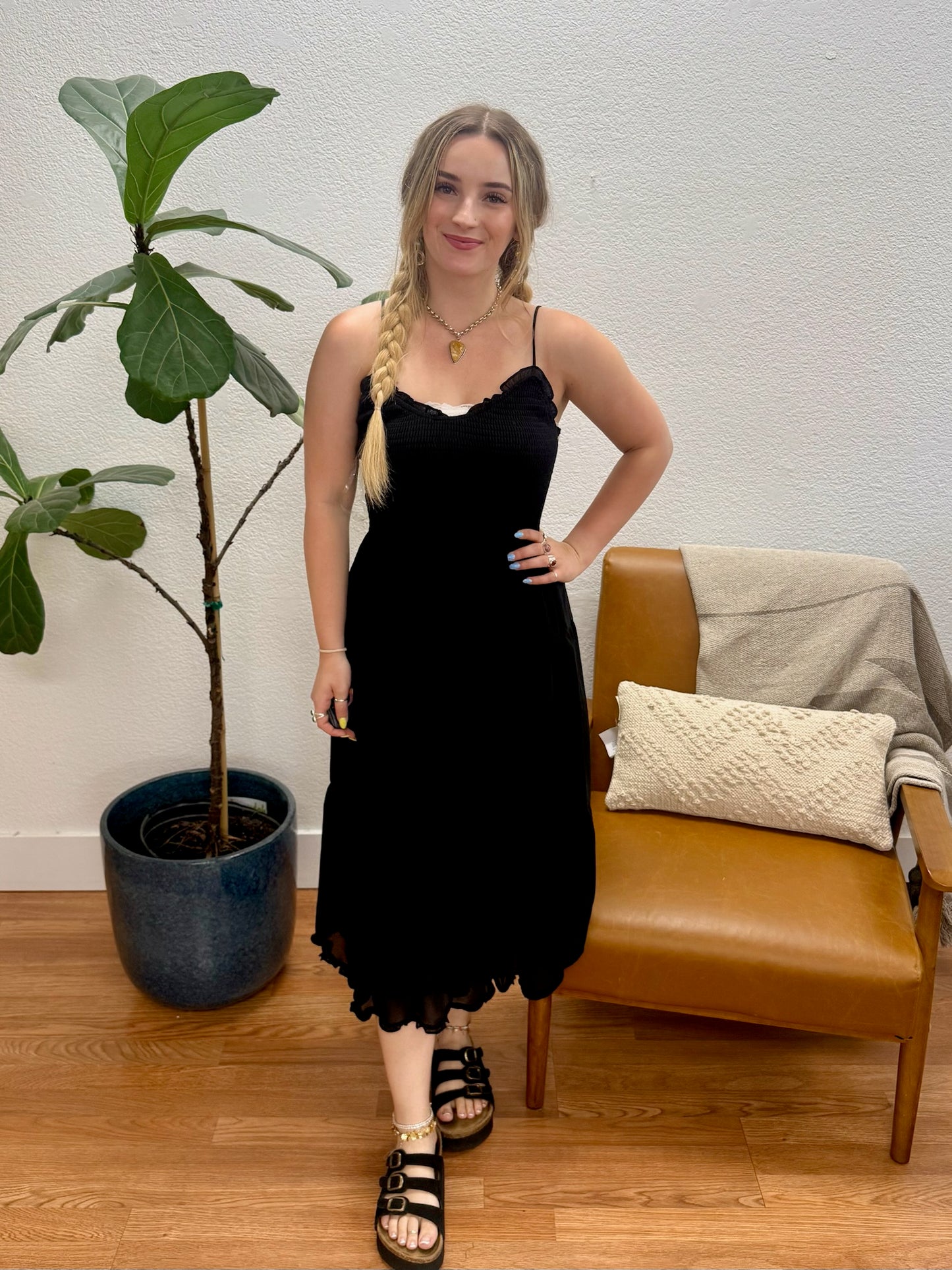 Black Chiffon Bodice Midi Dress