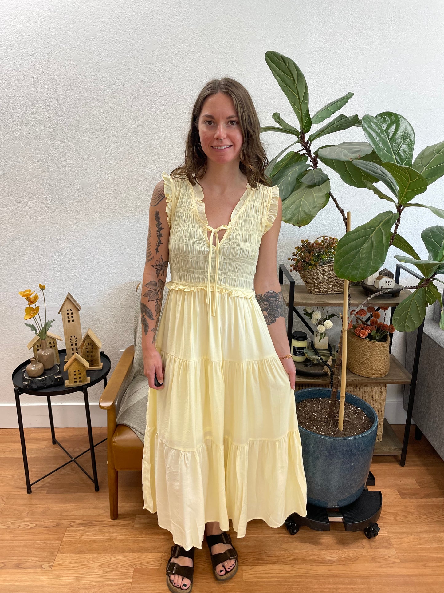 Butter Yellow Smocked Tie Front Tiered Midi Dress