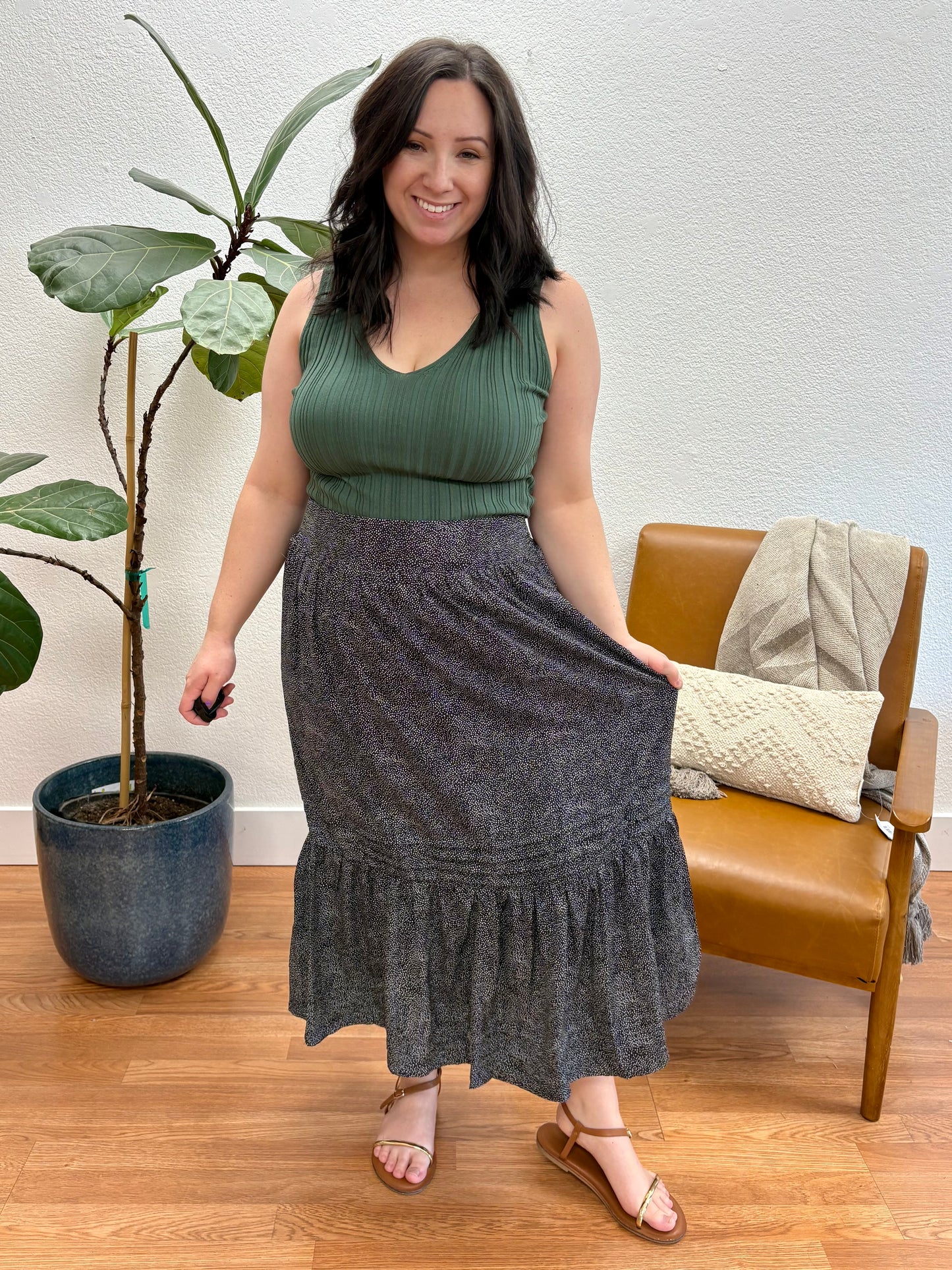 Black Animal Print Tiered Midi Skirt