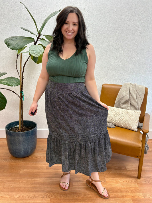 Black Animal Print Tiered Midi Skirt
