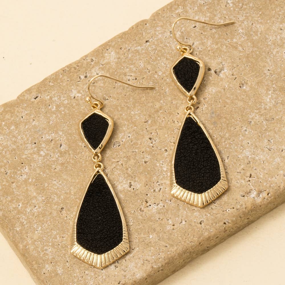 Black Leather Accent Double Teardrop Dangle Earrings - Terra Cottage