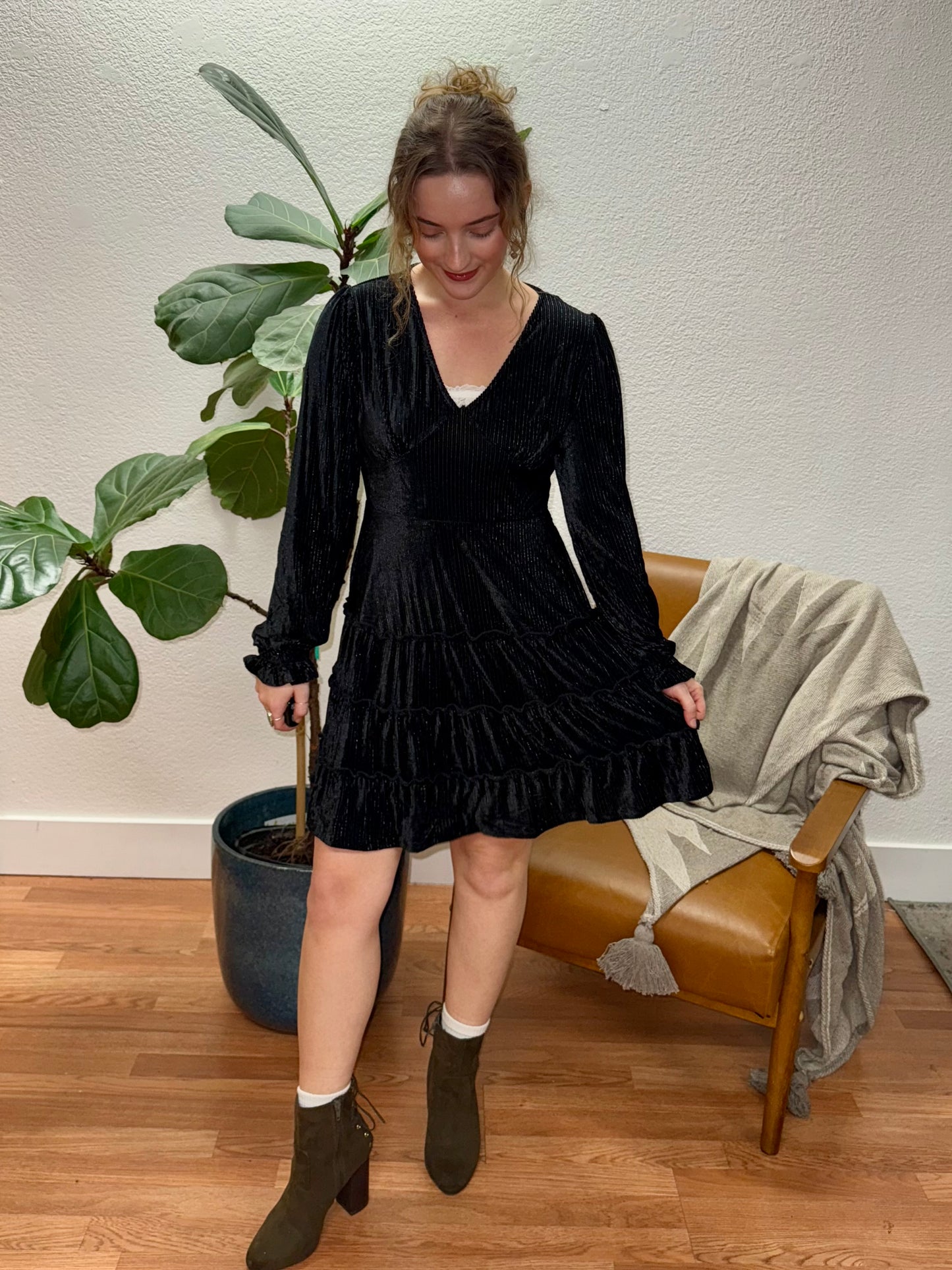 Black Textured Velvet Mini Dress