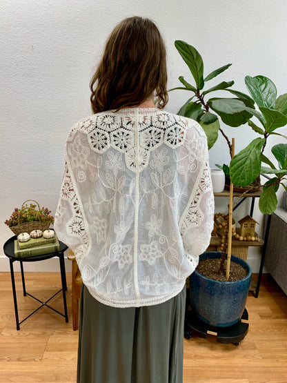 V-Neck Crochet Woven Roomy Fit Cardigan Top