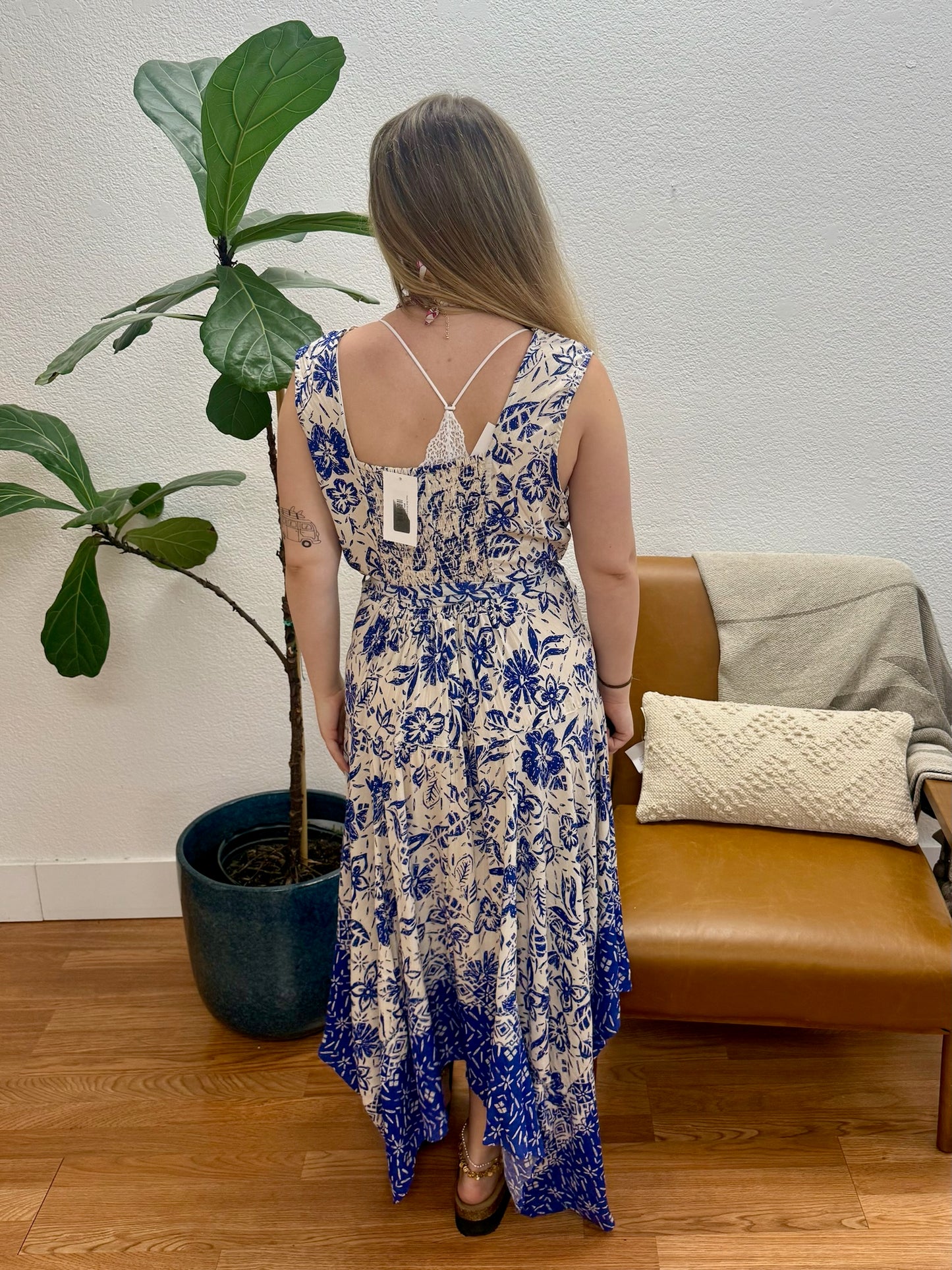 Ivory Blue Smock Back Maxi Dress
