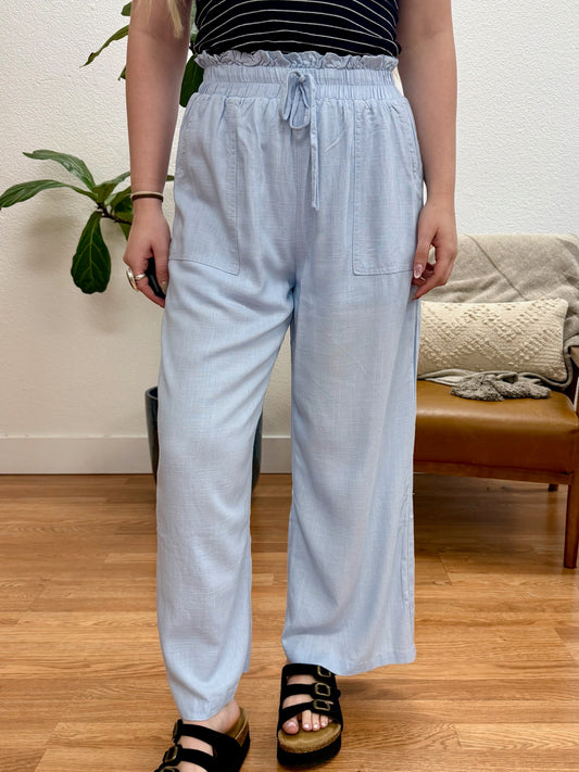 Light Blue Wide Leg Paperbag Pants