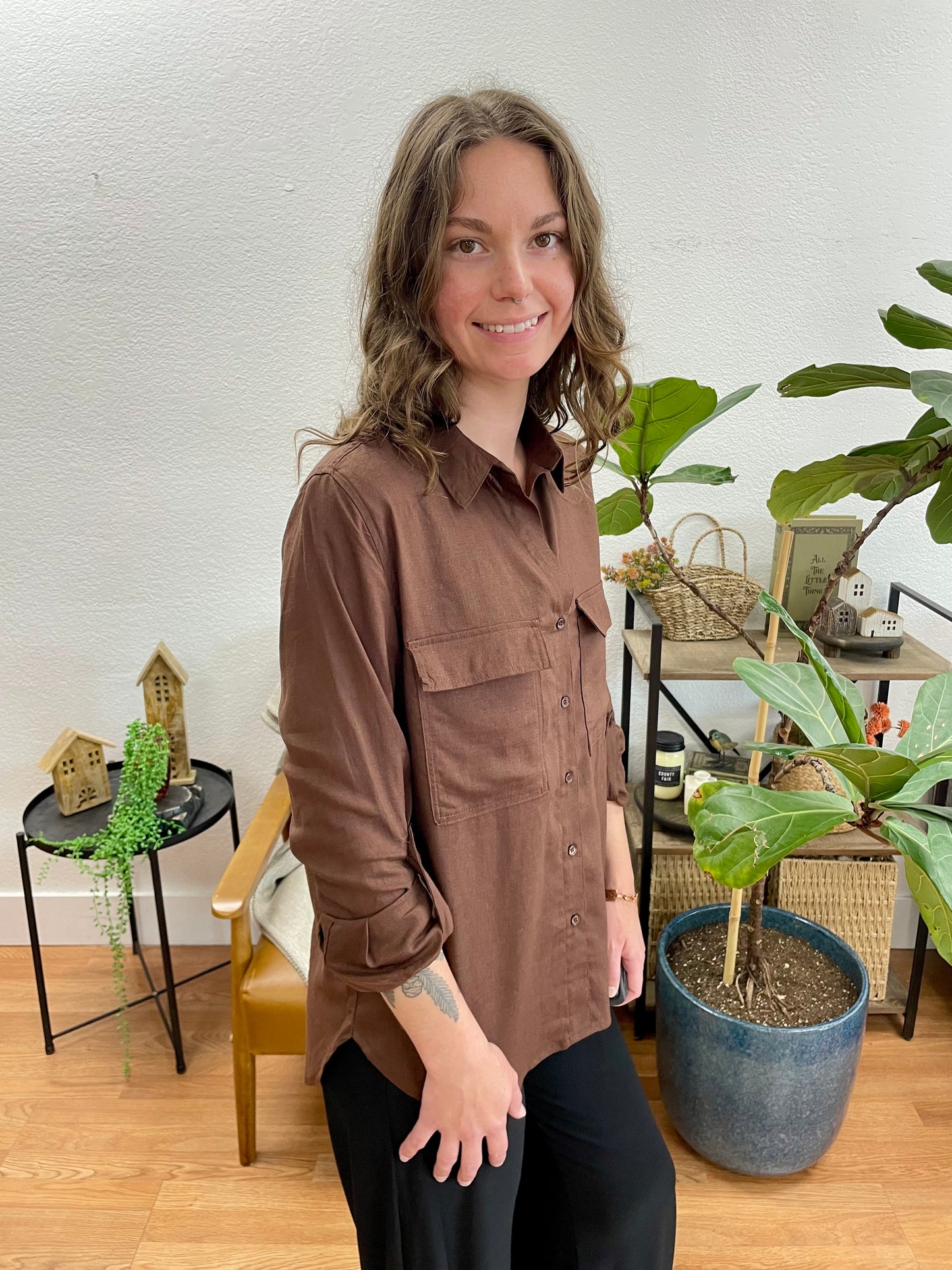 Chocolate Linen Button Up Blouse