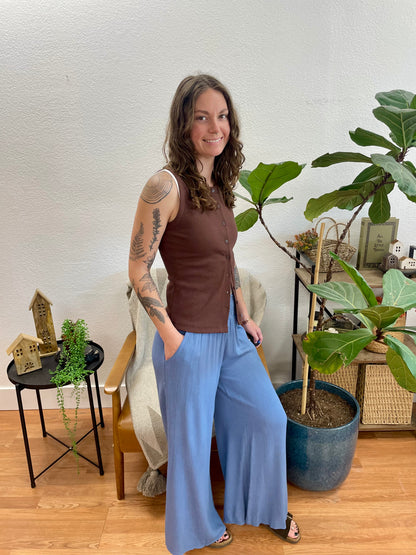 Dusty Blue Smocked Gauze Pants