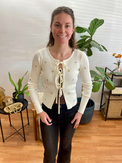 Floral Embroidery Tie Front Cardigan - Terra Cottage