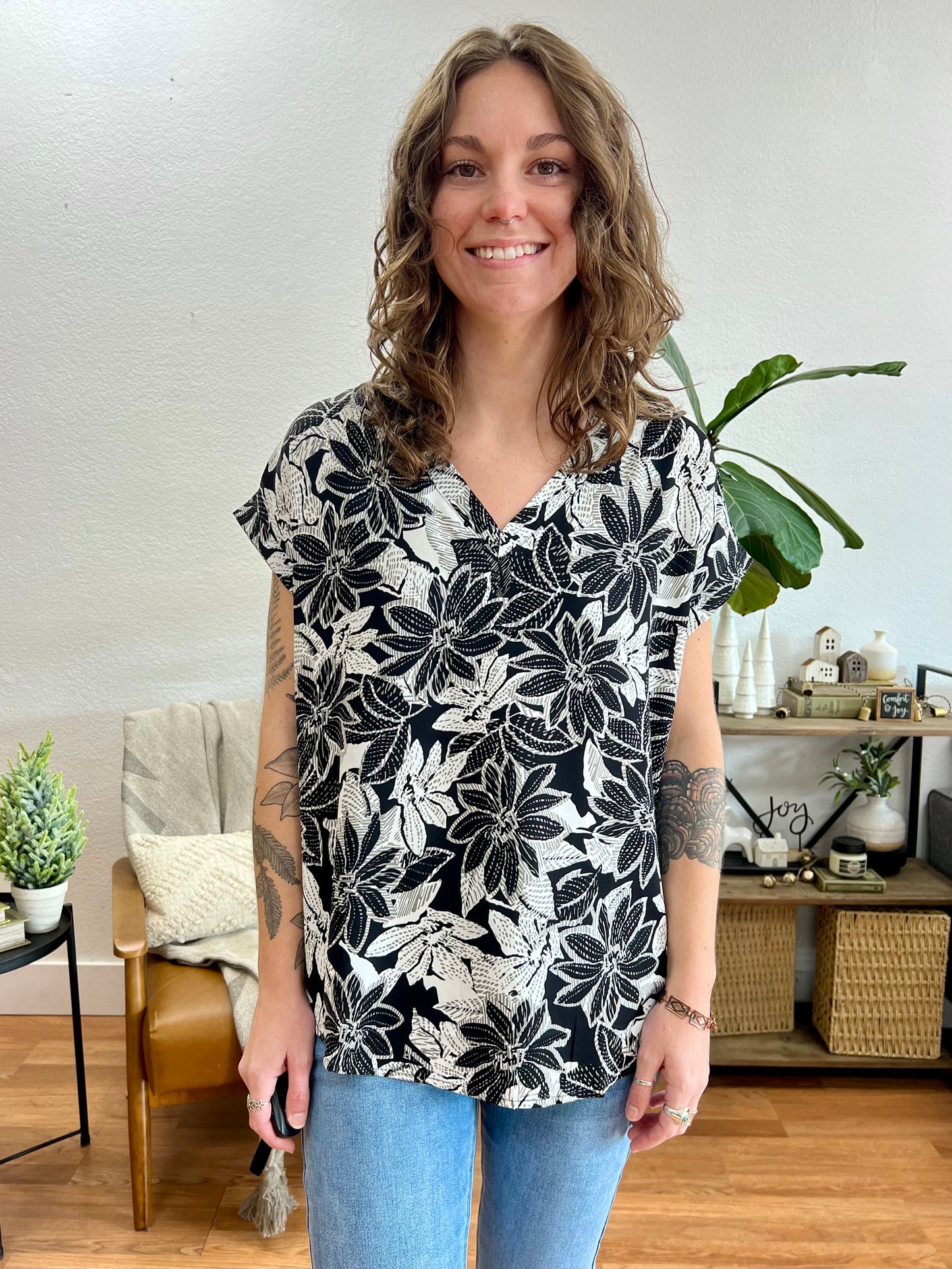 Black Floral V Neck Top