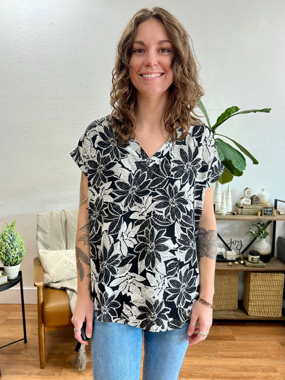 Black Floral V Neck Top