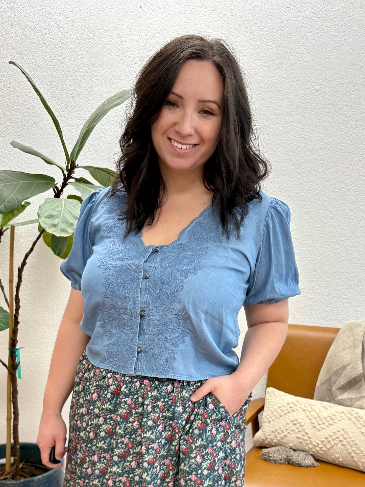 Chambray Scallop Embroidered Button Down Top