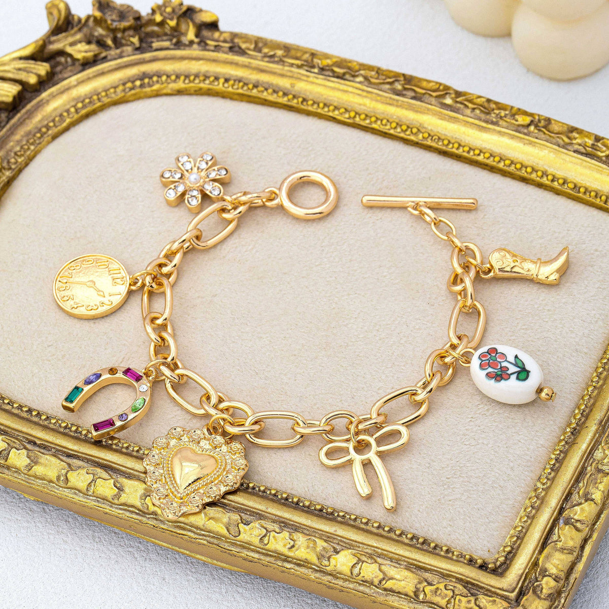 Vintage Inspired Boot Heart Charm Link Bracelet
