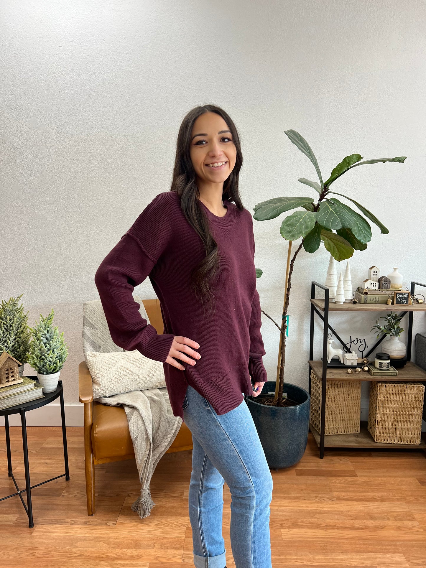 Merlot Ribbed Exposed Seam Sweater