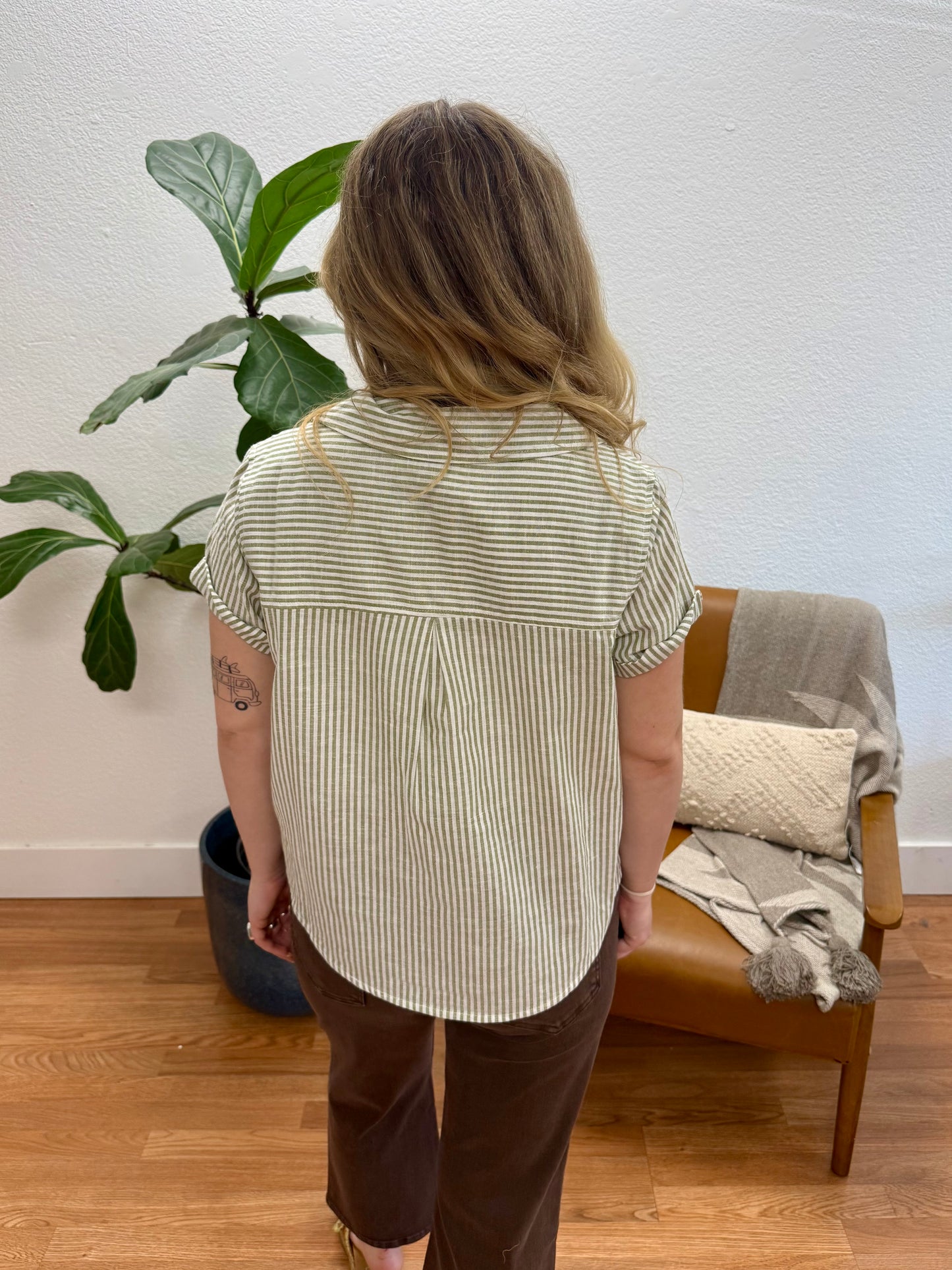 Olive Linen Striped Top