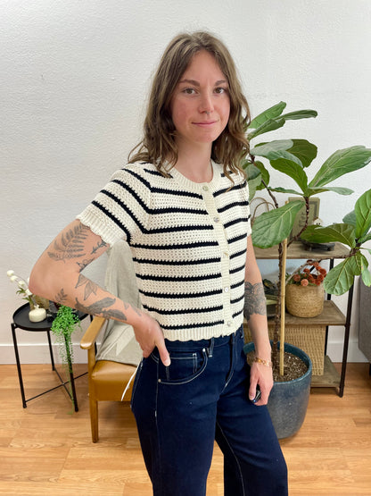 Black Striped Short Sleeve Cardigan