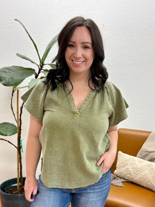 Dark Olive Washed Split Neck Top