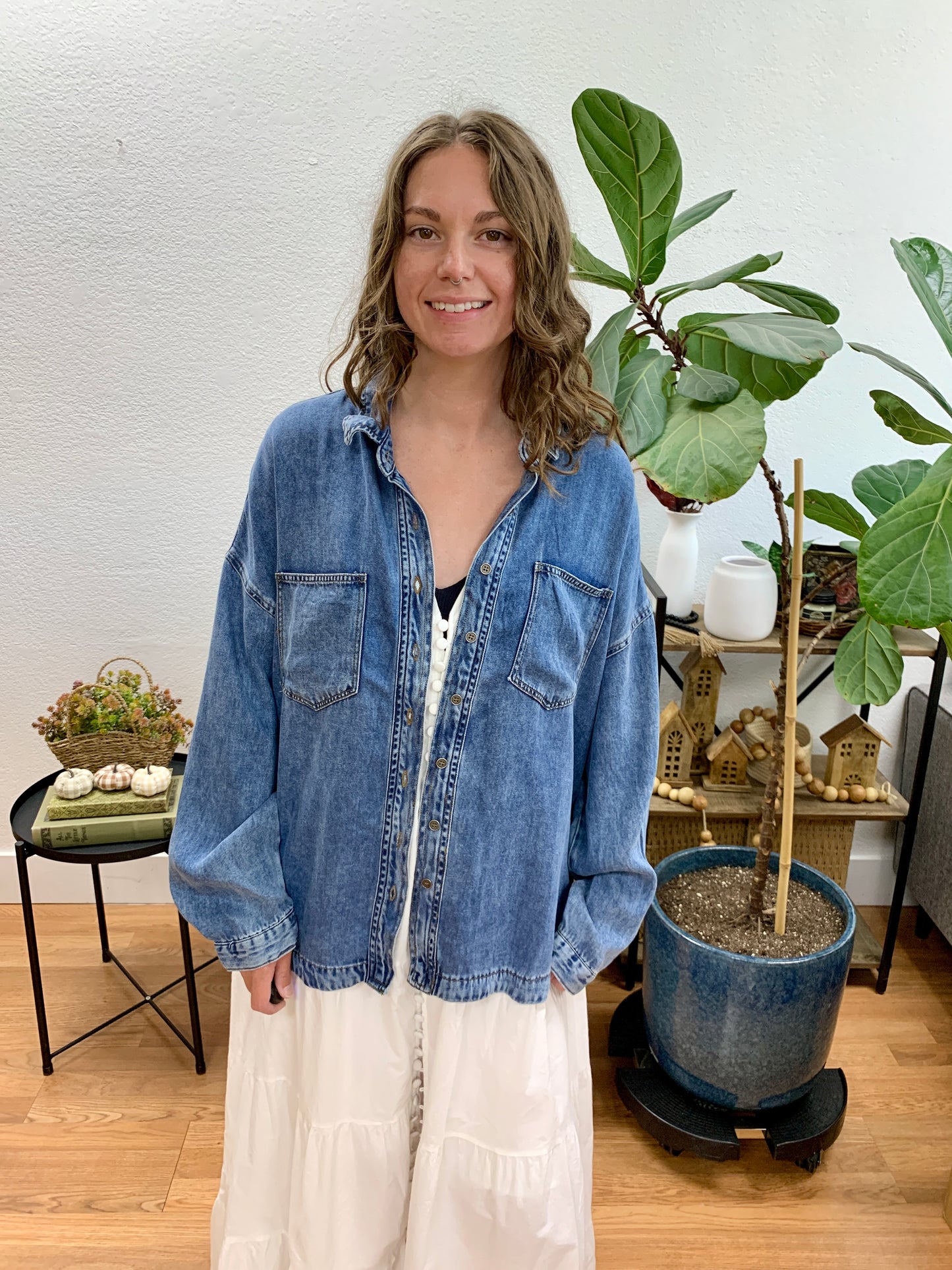 Washed Chambray Long Sleeve Top