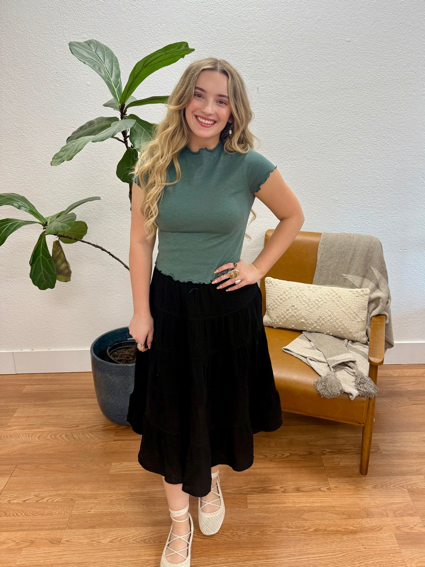 Ash Jade Modal Lettuce Trim Crop Tee