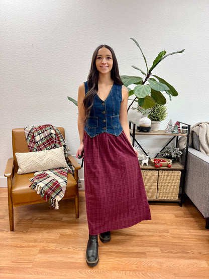 Red Plaid Pocket Midi Skirt