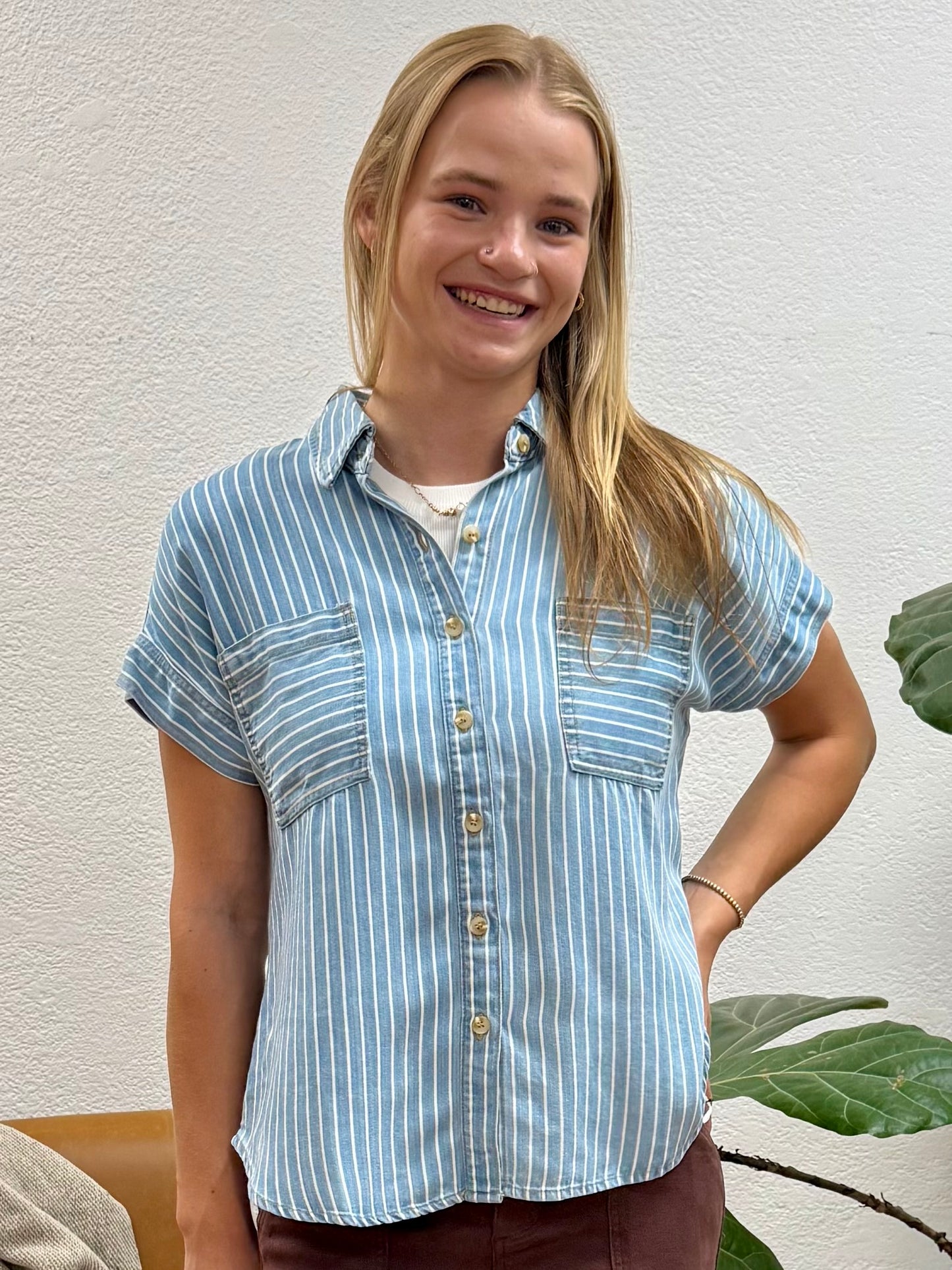 Chambray Stripe Front Pocket Button Down Top