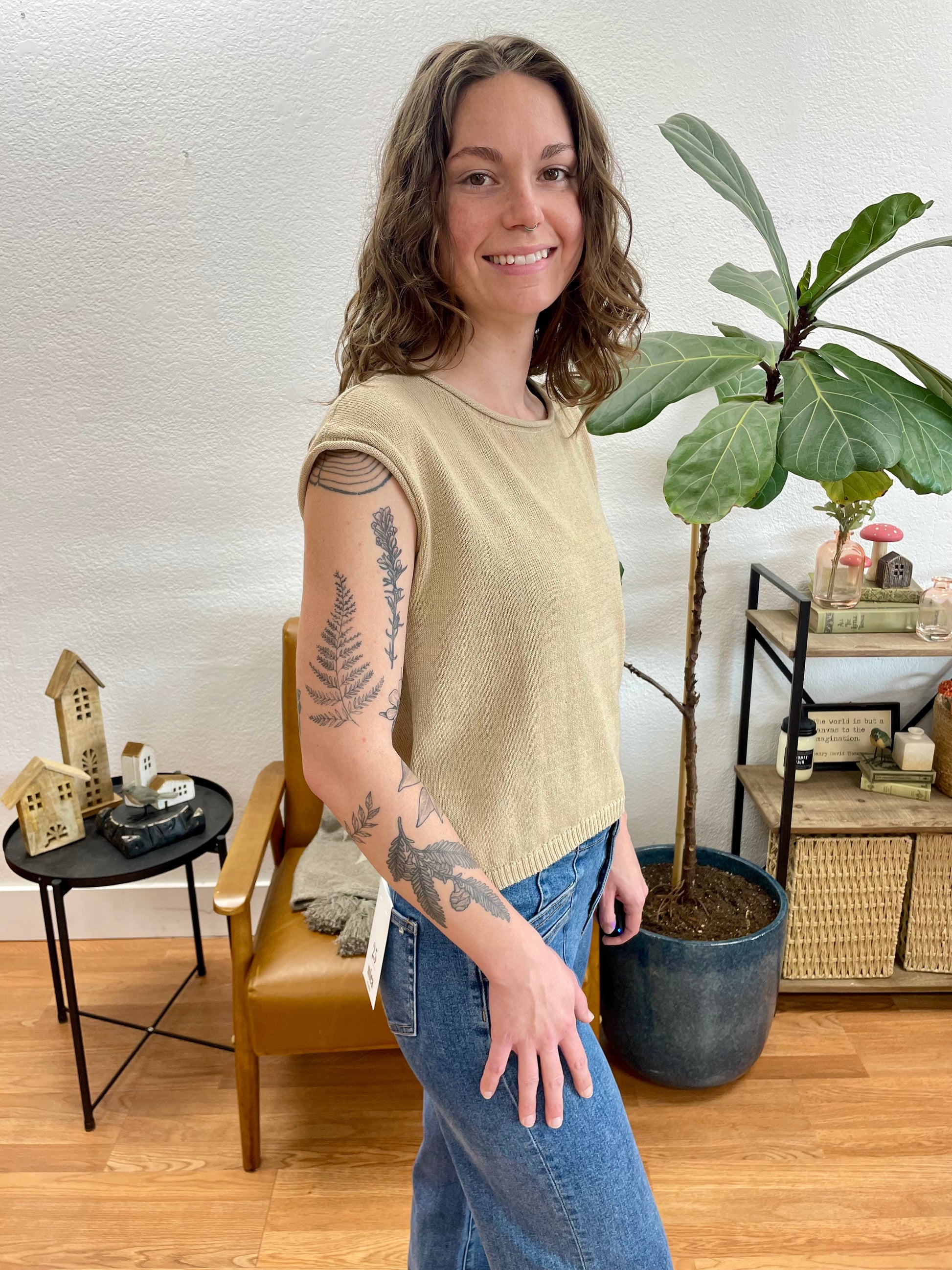 Khaki Raw Edge Sweater Top - Terra Cottage